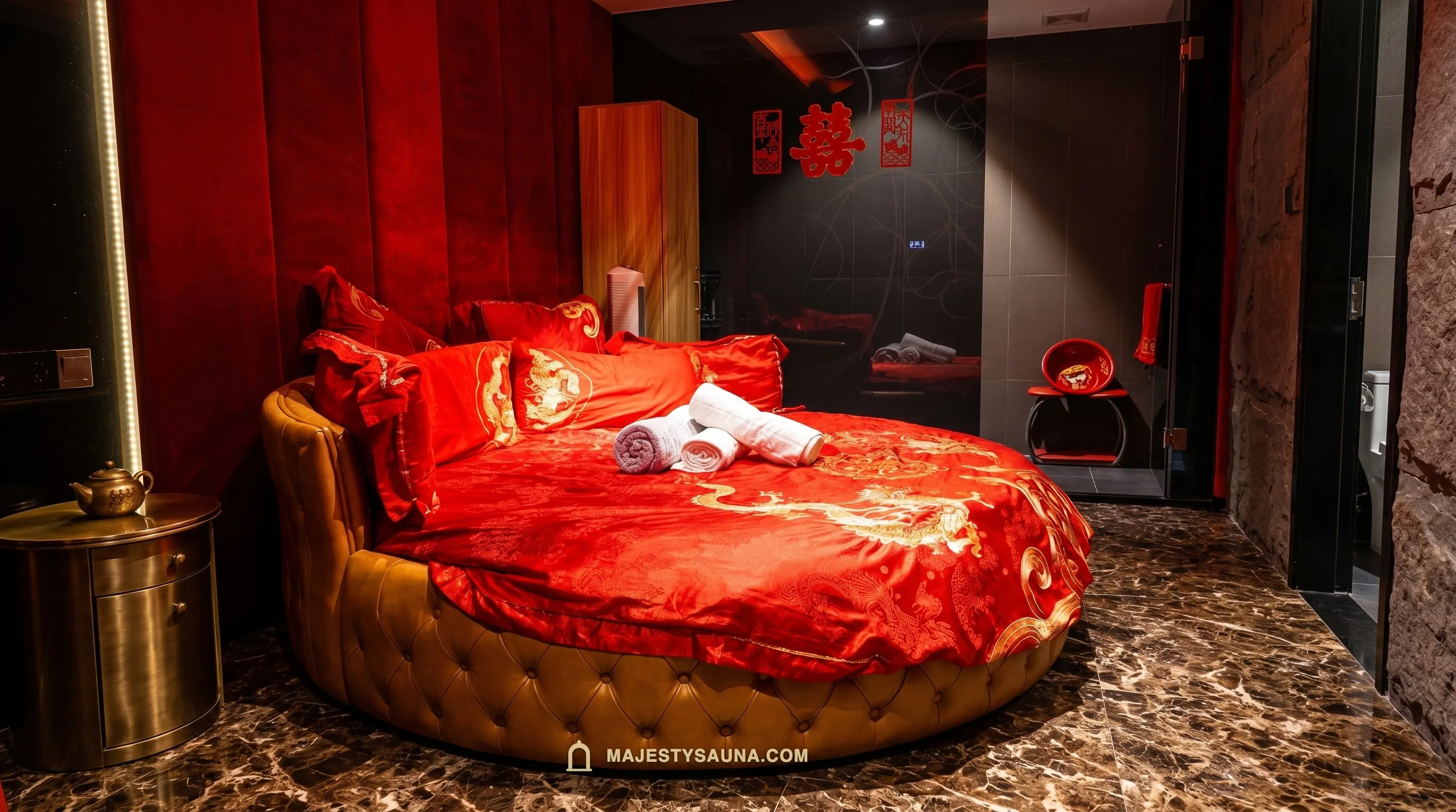 尊貴水療中式囍床紅色圓床主題房