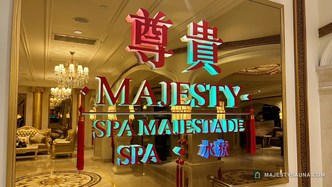 마카오 사우나 마제스티 스파의 입구 유리. 尊貴, MAJESTY, SPA MAJESTADE, SPA, 水療라는 입체 글자가 붙어 있고 양옆에 붉은 술 장식이 걸려 있으며, 유리 너머로 불이 켜진 로비와 샹들리에가 보입니다.